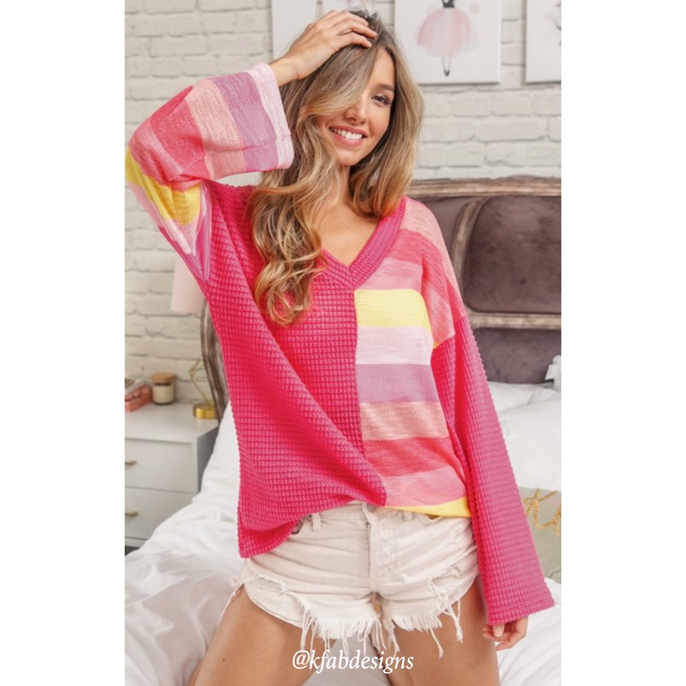 LAST 1! Fuchsia V Neck Lightweight Waffle Knit Color Block Top! - Picture 1 of 13